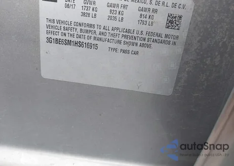 2017 Chevrolet Cruze Lt Auto from USA, damaged, VIN 3G1BE6SM1HS616915